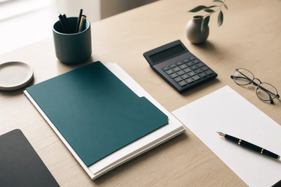 Business documents, a calculator and a fountain pen on a desk