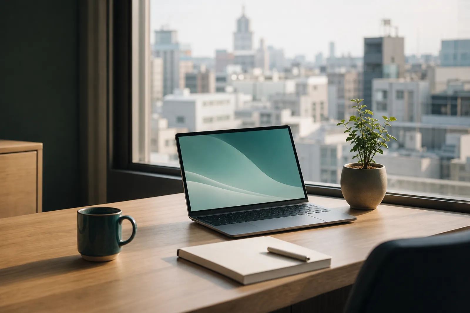 A desk by a window overlooking the city, with a laptop, notebook and plant