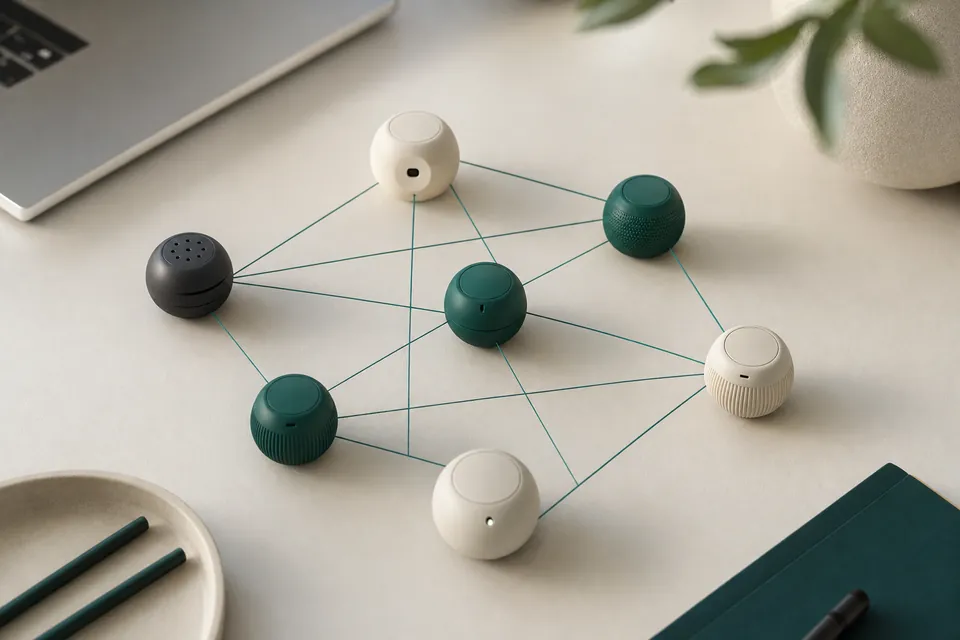 Small devices on a desk linked by threads, like a network