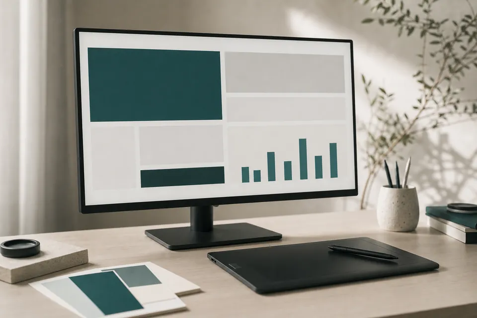 A monitor showing a website layout and a bar chart
