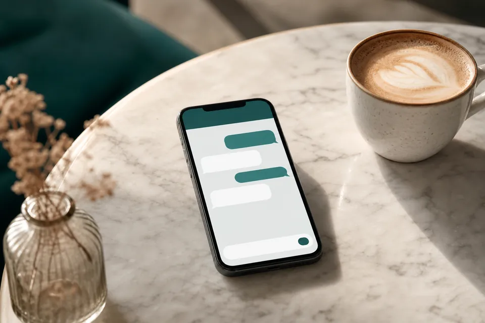 A smartphone showing a chat conversation on a cafe table